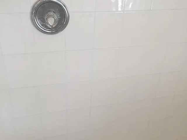 The same shower wall with bright, even new grout after regrouting