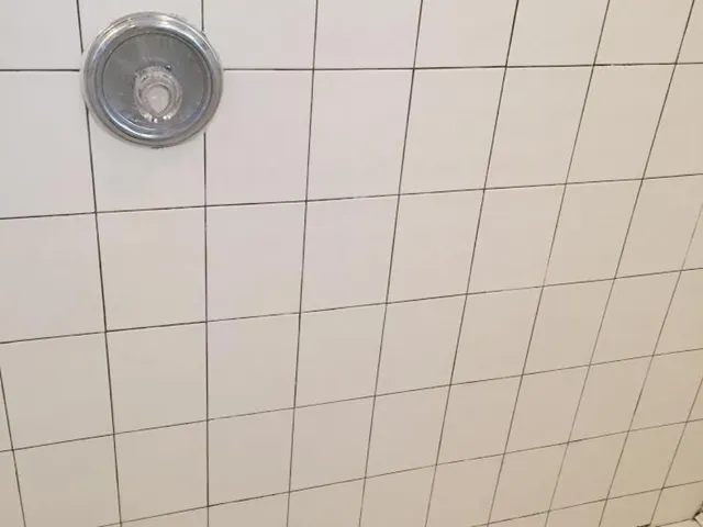 Shower wall tile with dark, cracked and discolored grout lines before regrouting