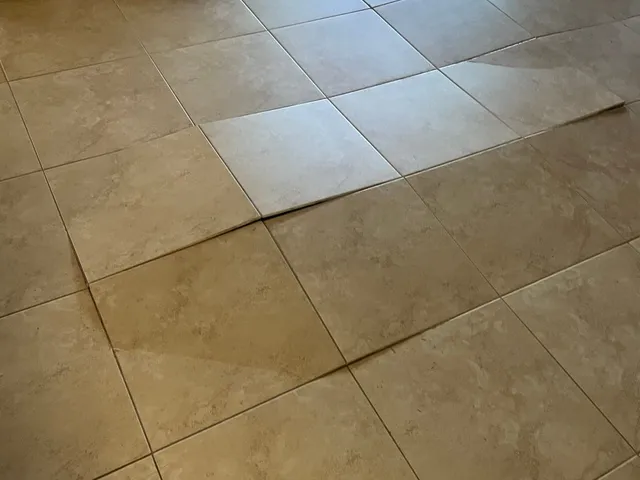 A row of buckled floor tiles lifting across a room